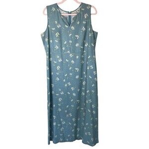 LL Bean Women's Blue Floral Maxi Dress‎ Sleeveless V Neck Size 14P Linen Blend